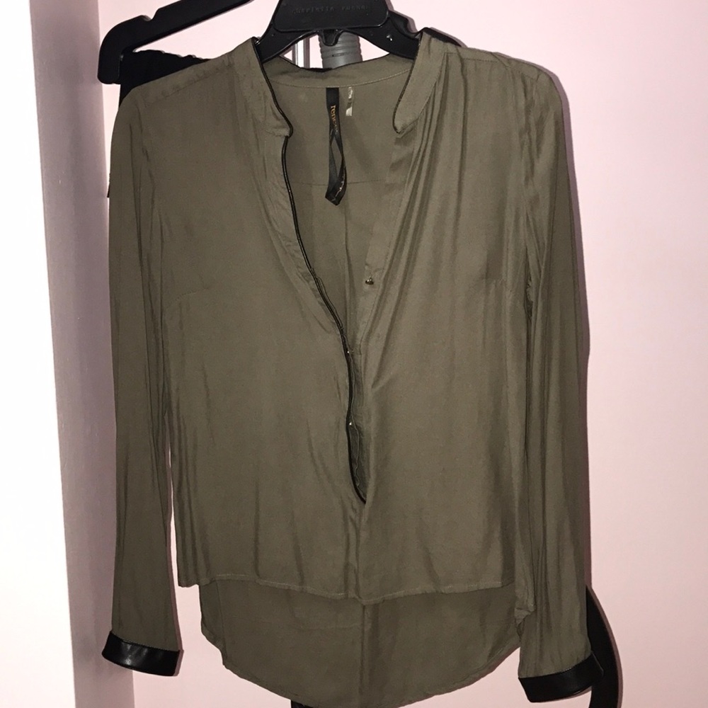 Olive/Sage hi-low blouse with faux leather lining